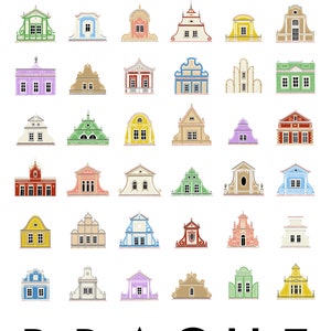 May include: A collection of 48 colorful illustrations of Prague houses with various architectural styles and details. The illustrations are arranged in a grid pattern and the word "PRAGUE" is written in black at the bottom of the image.