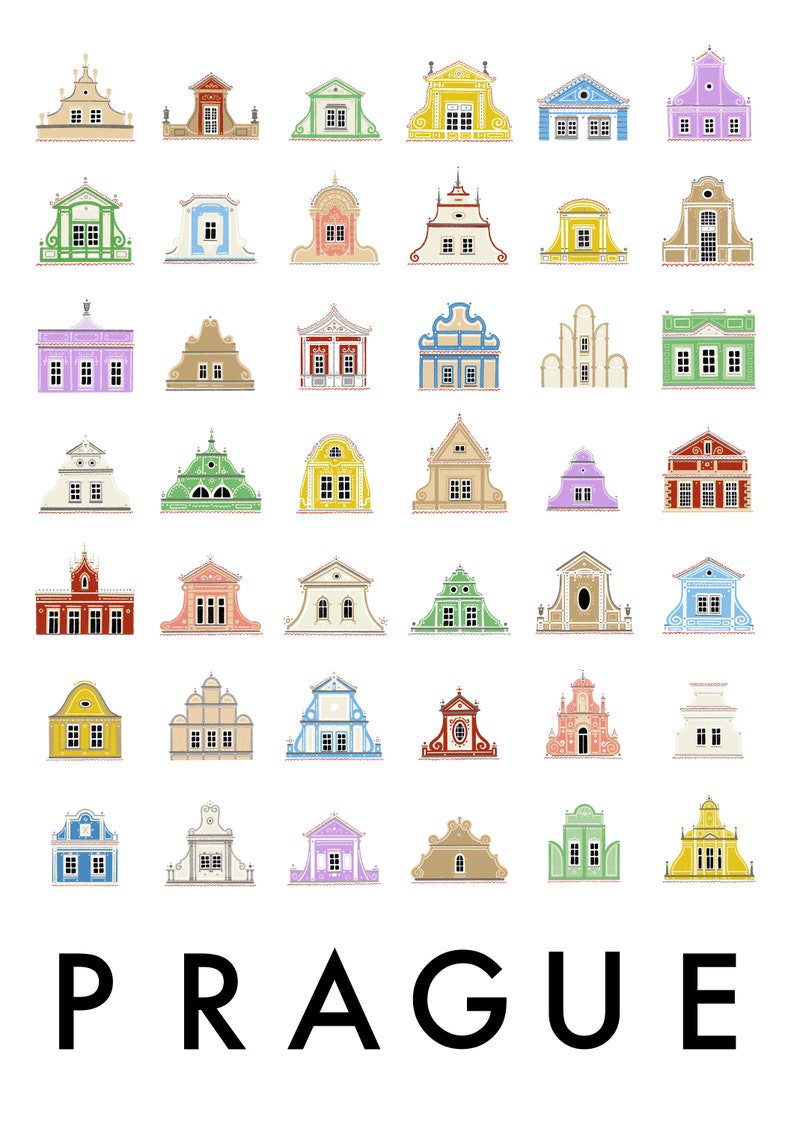 May include: A collection of 48 colorful illustrations of Prague houses with various architectural styles and details. The illustrations are arranged in a grid pattern and the word "PRAGUE" is written in black at the bottom of the image.