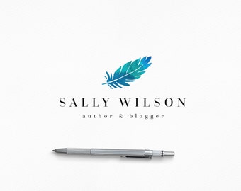 Instant Download Logo feat. Watercolor Feather, Writer Logo Design, Free Font, Blue, Aqua, Handmade