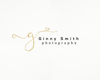 Premade Logo Design, Golden Initial Letter, Script Signature Font, Heart, Glitter, Customizable