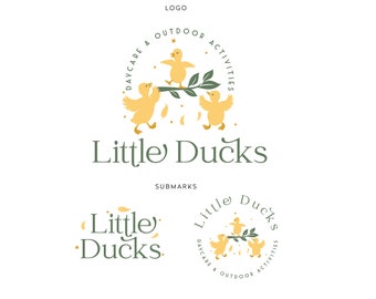 May include: Logo and submarks for "Little Ducks" daycare and outdoor activities. The logo features three yellow cartoon ducks on a branch, with the text "DAYCARE & OUTDOOR ACTIVITIES" in a semi-circle above. The submarks include the text "Little Ducks".