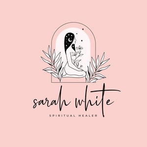 Spiritual Yoga Cosmic Life Coach Women Logo, Healing Therapy Support Custom Branding, Moon Stars Botanical Woman Logo