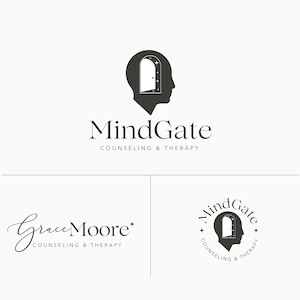 Peut inclure: Un logo noir et blanc pour MindGate Counseling & Therapy. Le logo représente une silhouette de tête avec une porte à l'intérieur. Le texte "MindGate" est sous la tête, et le texte "Counseling & Therapy" est en dessous.