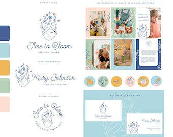May include: A branding design for "Time to Bloom Pediatric Therapy" featuring a logo, Instagram templates, and business card designs. The logo includes a line drawing of a face with flowers and butterflies. Color palette includes blue, yellow, and green.