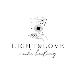 May include: Black and white line art illustration of two hands cupping a sun with stars around it. The text "LIGHT & LOVE reiki healing" is below the image.