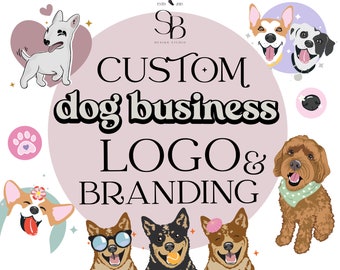 Puede incluir: Un gráfico rosa y blanco con el texto "CUSTOM dog business LOGO & BRANDING" e ilustraciones de varias razas de perros. El gráfico también incluye un logotipo con las letras "SB" y el texto "DESIGN STUDIO".