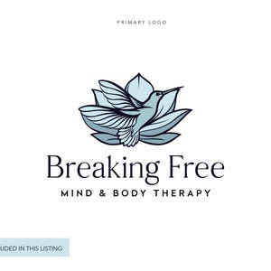 May include: Logo for "Breaking Free Mind & Body Therapy" featuring a hummingbird in flight, set against a stylized blue lotus flower. The text "Breaking Free" is in a serif font, with "Mind & Body Therapy" below. The words "PRIMARY LOGO" are at the top.