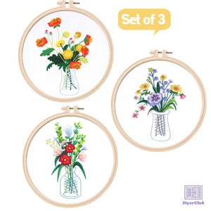 Beginner Embroidery Kit - Easy Floral Embroidery Kit - Modern Hand Embroidery Designs - Pack of 3