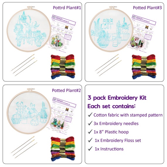 6 Needles 3 Pack Embroidery Kit for Beginners with Pattern and Instructions Needlepoint Starter Kits for Adults 3 Instructions by DiyerClub Crafts 3 Plastic Hoops Embroidery Set 3 Stamped Cloth
