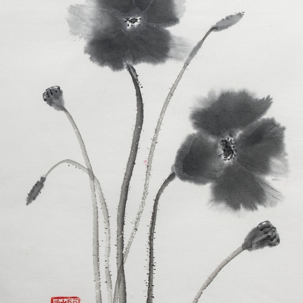 Japanese Ink Painting, Suibokuga, Sumi-e, Chinese Brush Painting, Rice paper, Black and White, 10x13,6 inch, Poppies