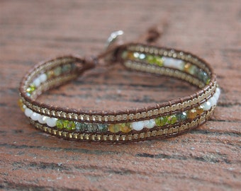 Green crystal mix Single Wrap bracelet, Beaded bracelet, layer bracelet