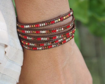 Bracelet de mélange de rouge, en perle de rocaille, Boho Wrap Bracelet, bracelet de perles