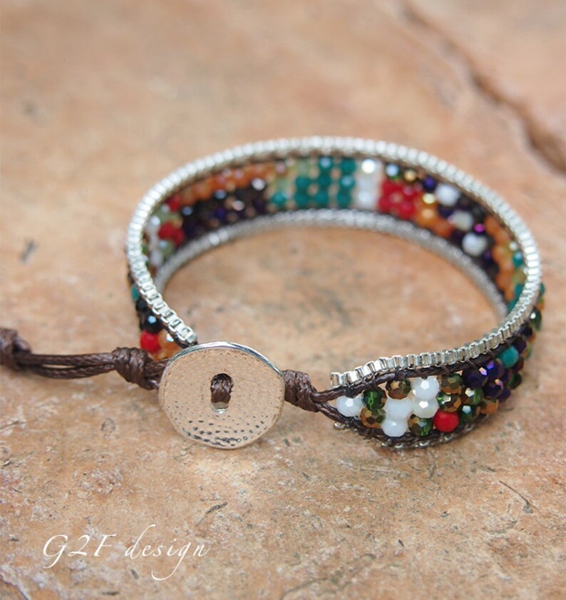 beadwork bracelet layer bracelet Mix Single Wrap bracelet with Chain on brown cotton cord