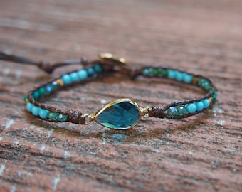 Turquoise mix Single Wrap Bracelet on Brown cotton cord, layer bracelet, beadwork bracelet
