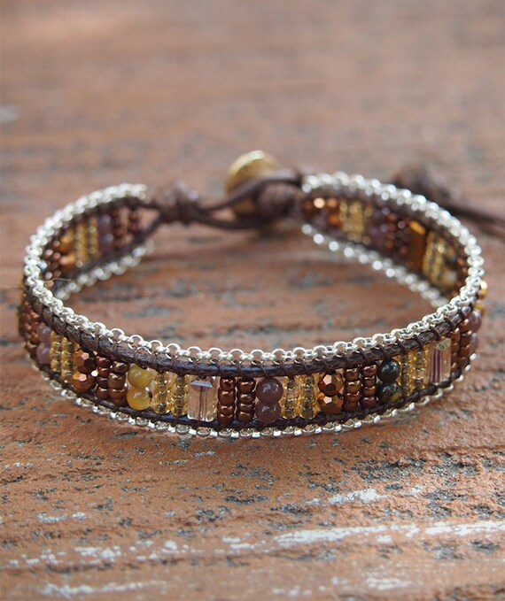 Brown stone mix Single Wrap bracelet with Chain Beaded Etsy