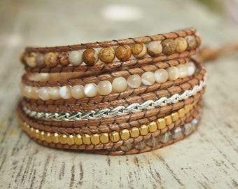 Mélange de jaspe Wrap Bracelet sur cordon marron, bracelet Boho, bracelet perles, bracelet d’amitié de la photo