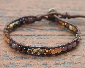 Brown Stone mix Single Wrap bracelet, Beaded bracelet, layer bracelet