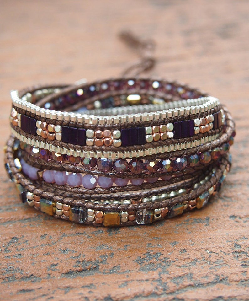 5 times Wrap Bracelet Purple Crystal beaded mix Boho bracelet Beadwork bracelet B55104-PU image 1