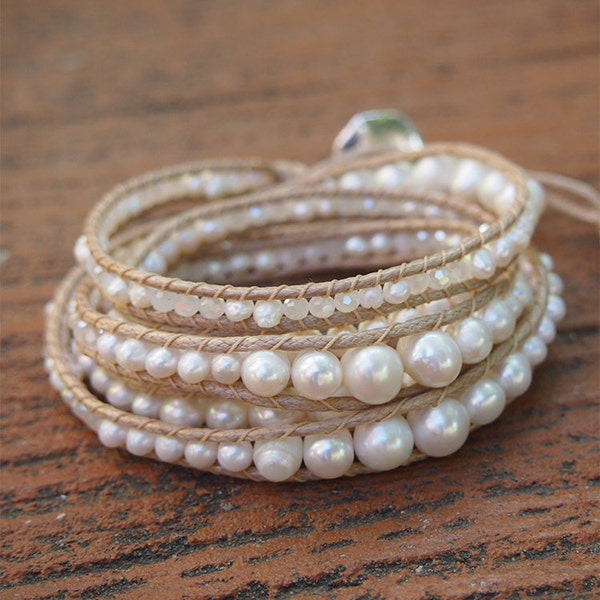 5 times Wrap Bracelet, White Freshwater pearl mix, Boho bracelet, Bohemian bracelet, Beadwork bracelet