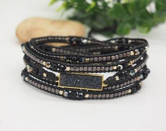 Black Druzy mix Wrap bracelet • Boho bracelet •  Bohemian bracelet • Beadwork bracelet • Gift for Mom • Gift for Her • B60028-BK