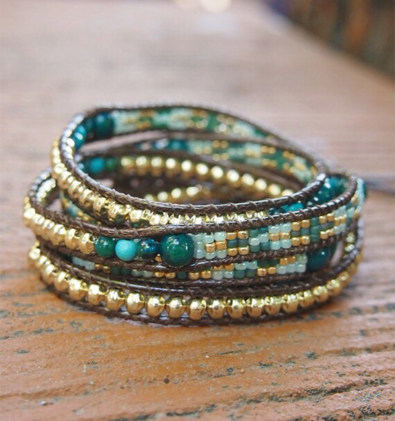 Green stone mix Wrap bracelet with Seed beaded Boho Wrap Etsy