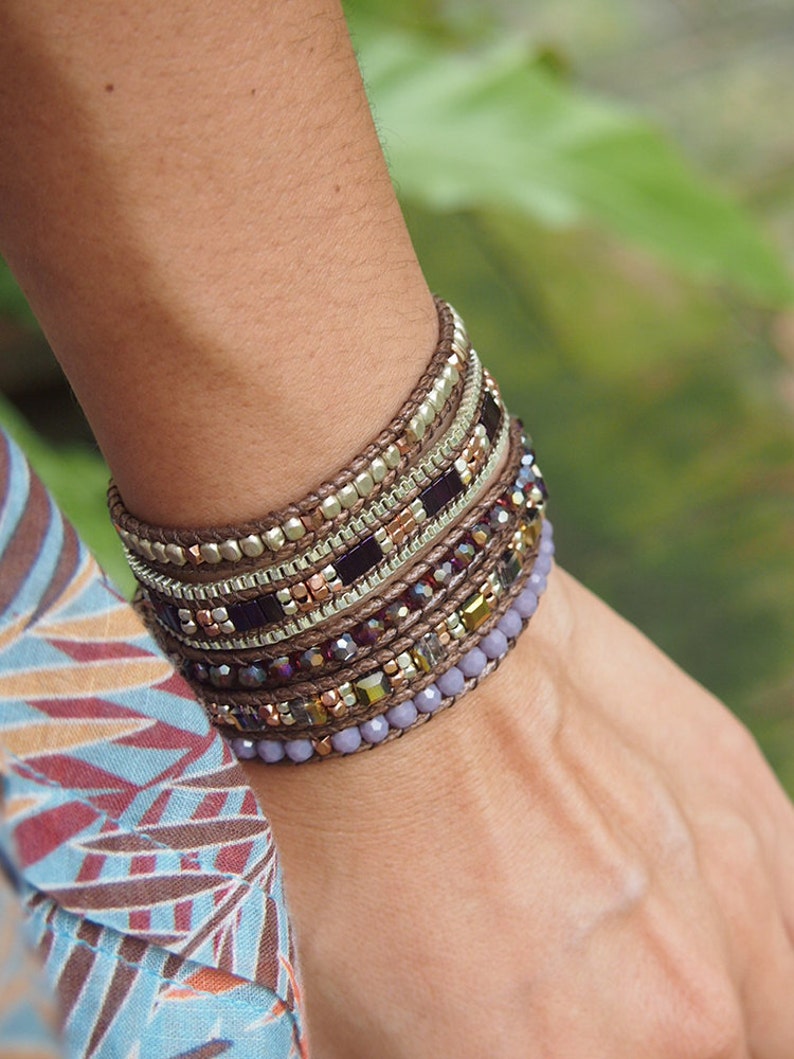 5 times Wrap Bracelet Purple Crystal beaded mix Boho bracelet Beadwork bracelet B55104-PU image 4