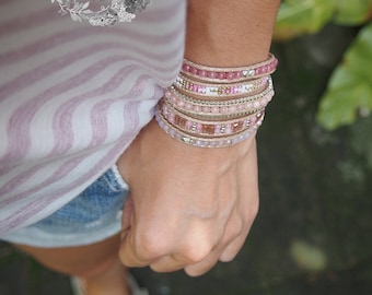 Sweet Pink beaded mix Wrap bracelet, Boho bracelet, Bohemian bracelet, Beadwork bracelet