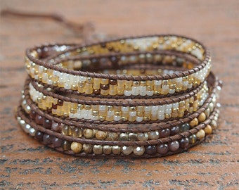 Chocolate brown stone mix Wrap bracelet, Seed beaded, Boho Wrap Bracelet, Beadwork bracelet
