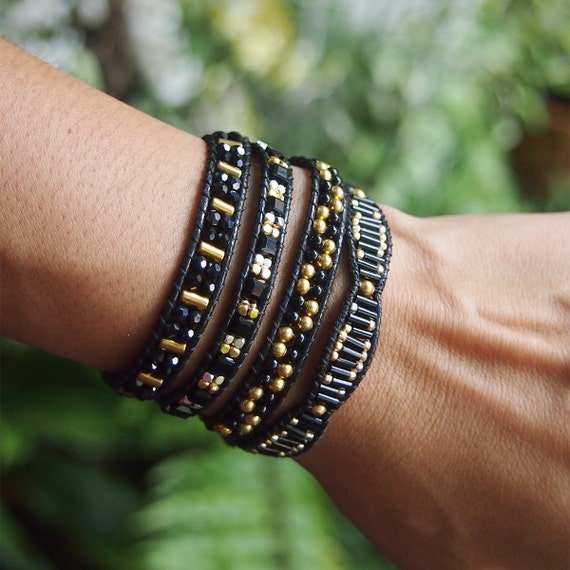 Black Beaded Mix Wrap Bracelet Beaded Bracelet Boho Bracelet Etsy