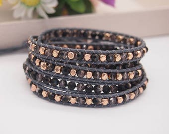 Black crystal mix wrap bracelet, Boho bracelet, Bohemian bracelet, Beadwork bracelet