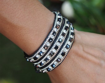 Bracelet d'enveloppe de mélange noir avec la chaîne, bracelet de Boho, bracelet de Boho, bracelet de perle