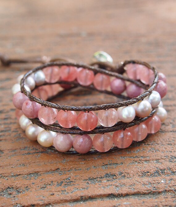 2 Times Wrap Bracelet Pink Lepidolite Cherry Quartz Freshwater