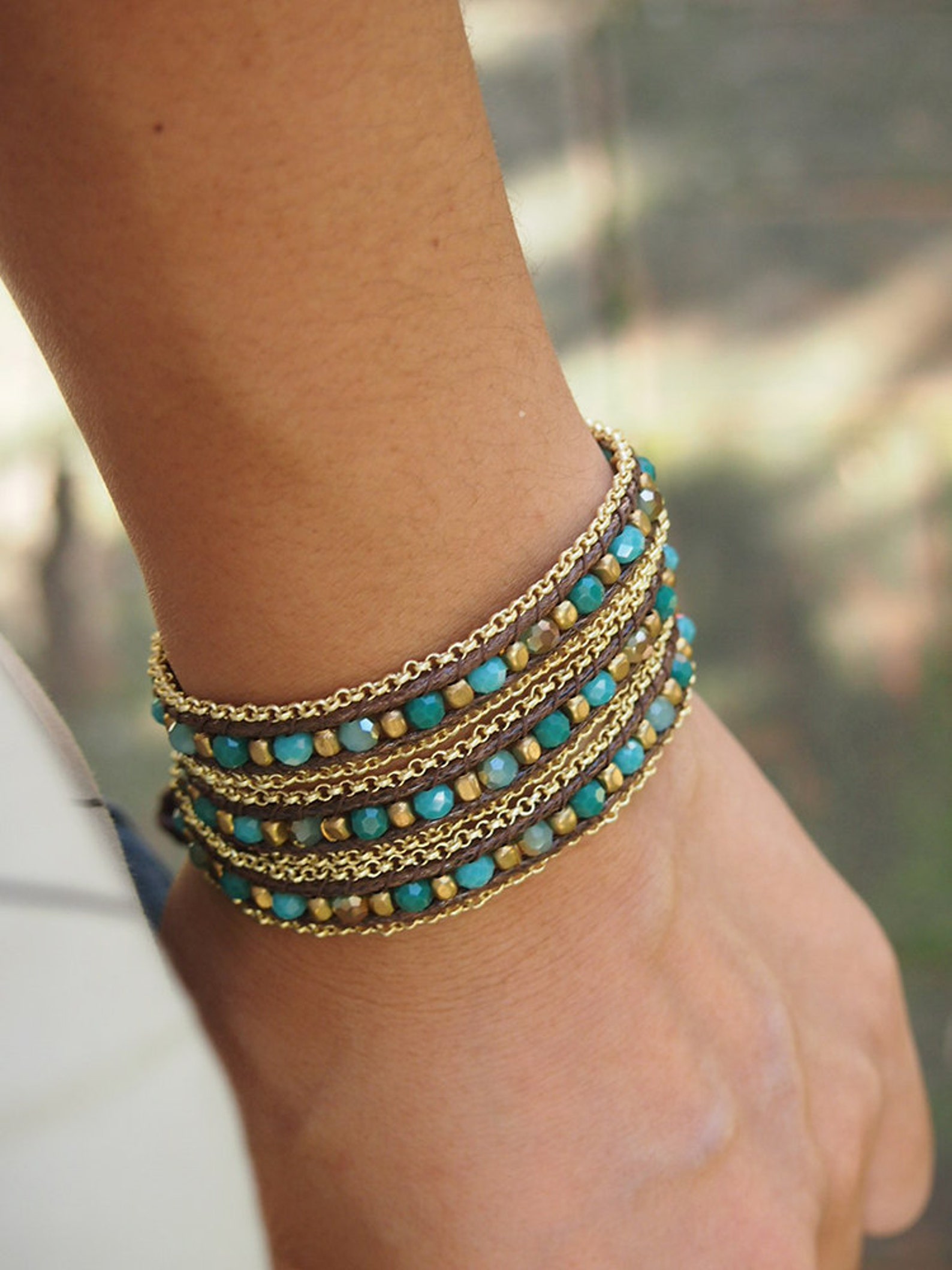 Ensemble De Bracelets Vert Pastel Perles Et Charms Métal Feuilles - Neuf Avec étiquettes - Style Bohème