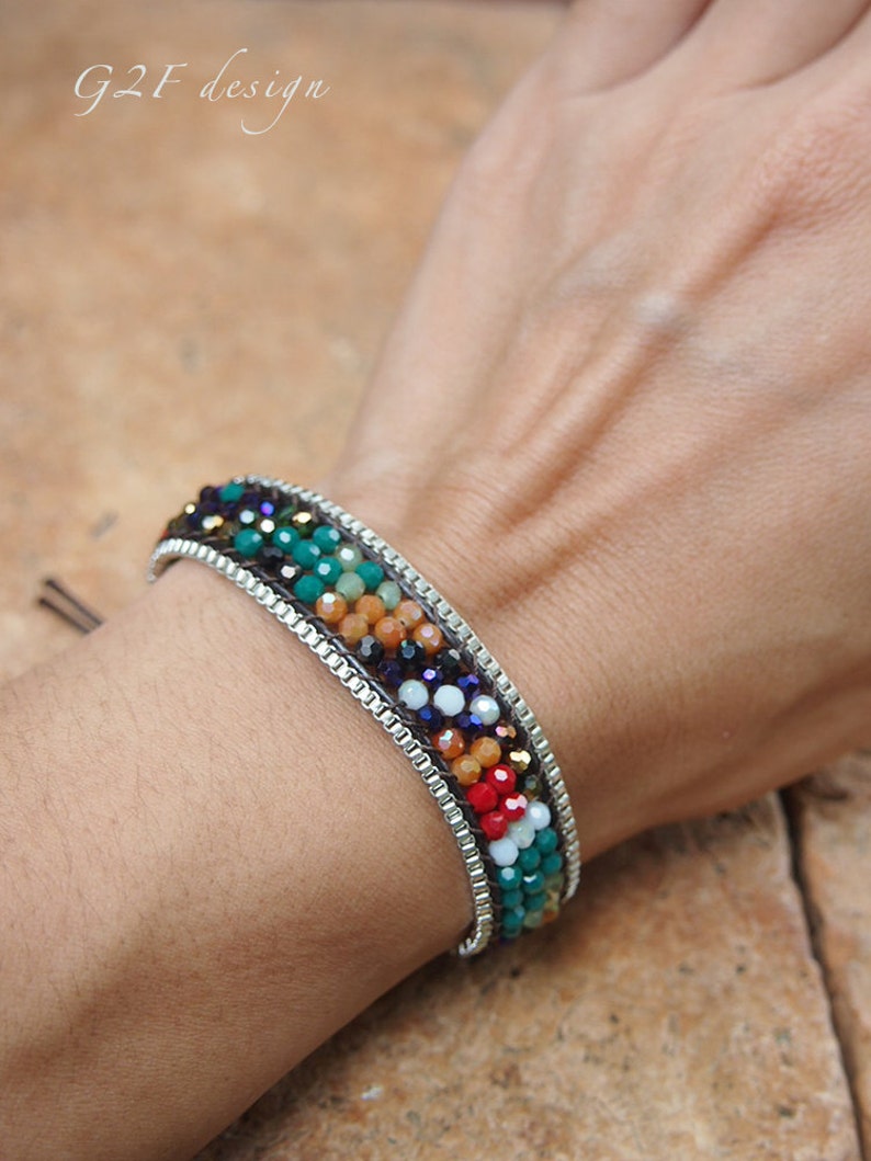 beadwork bracelet layer bracelet Mix Single Wrap bracelet with Chain on brown cotton cord