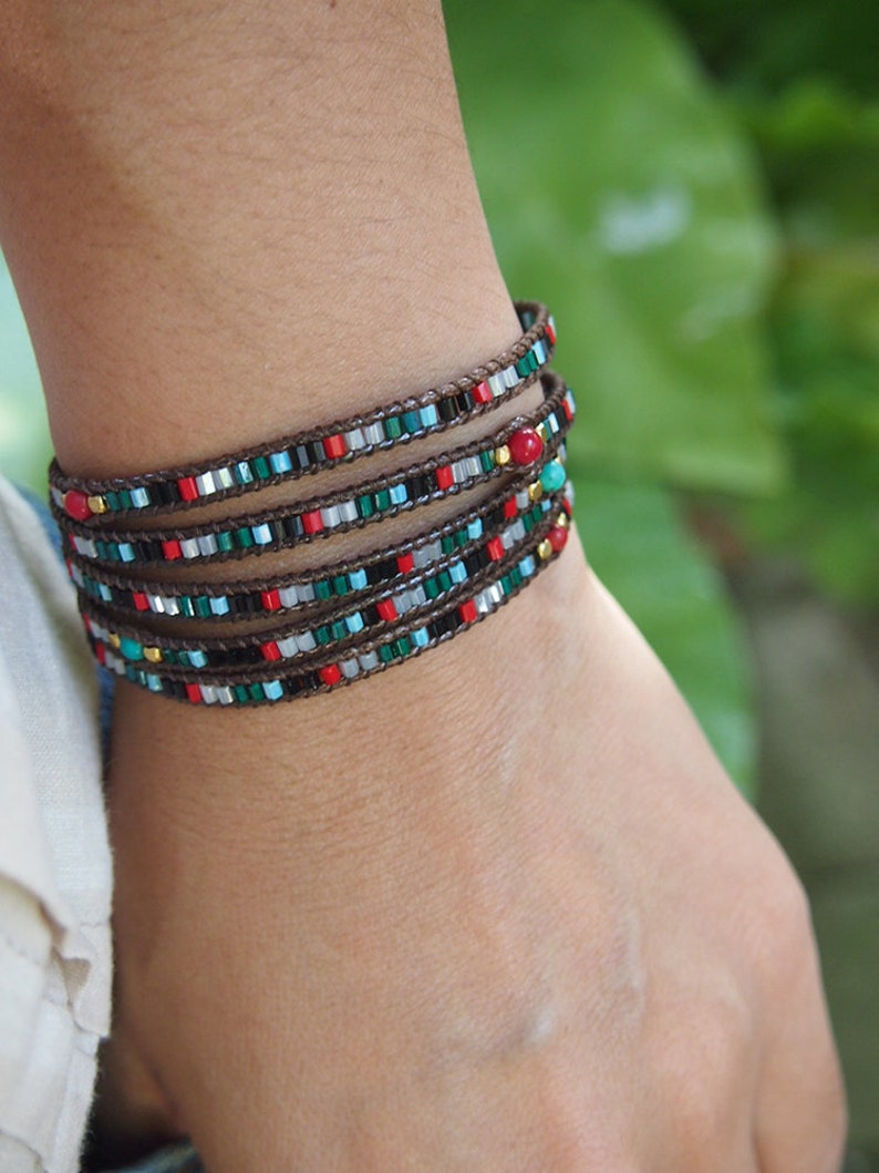Beadwork bracelet Seed beaded Boho Wrap Bracelet Green mix Wrap bracelet