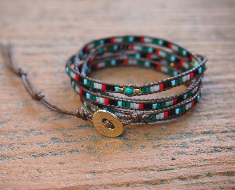 Beadwork bracelet Seed beaded Boho Wrap Bracelet Green mix Wrap bracelet