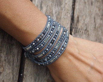 Labradorite mix wrap bracelet, Boho bracelet, Beadwork bracelet • B55083-GY