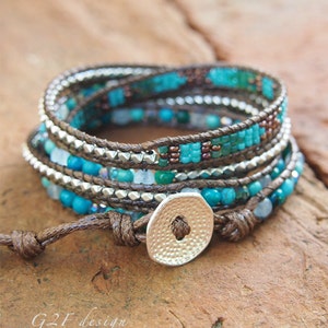 Turquoise mix Wrap bracelet on brown cord, Seed beaded, Boho Wrap Bracelet, Beadwork bracelet image 3