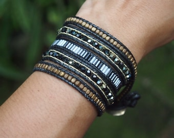 Black mix beaded Wrap bracelet, Bohemian bracelet, Beadwork bracelet • B59022-BK