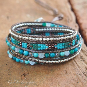 Turquoise mix Wrap bracelet on brown cord, Seed beaded, Boho Wrap Bracelet, Beadwork bracelet image 2