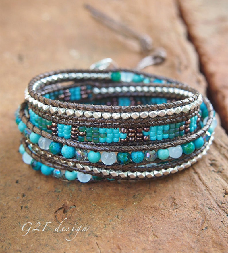 Turquoise mix Wrap bracelet on brown cord, Seed beaded, Boho Wrap Bracelet, Beadwork bracelet image 2