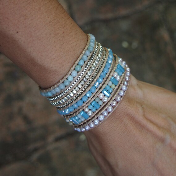 Blue and Pink mix wrap bracelet Boho bracelet Bohemian Etsy