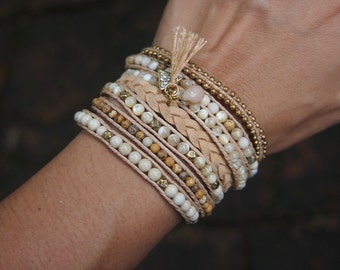 Bracelet cuff cream mix, bracelet Boho, bracelet perlé, cadeau nuptial, bracelet Statement