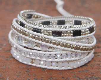 5 times Wrap Bracelet, White Crystal beaded mix, Boho bracelet, Bohemian bracelet, Beadwork bracelet