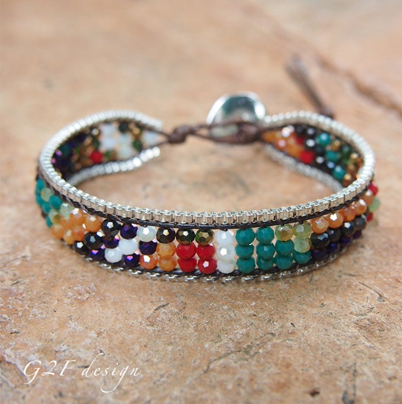 beadwork bracelet layer bracelet Mix Single Wrap bracelet with Chain on brown cotton cord