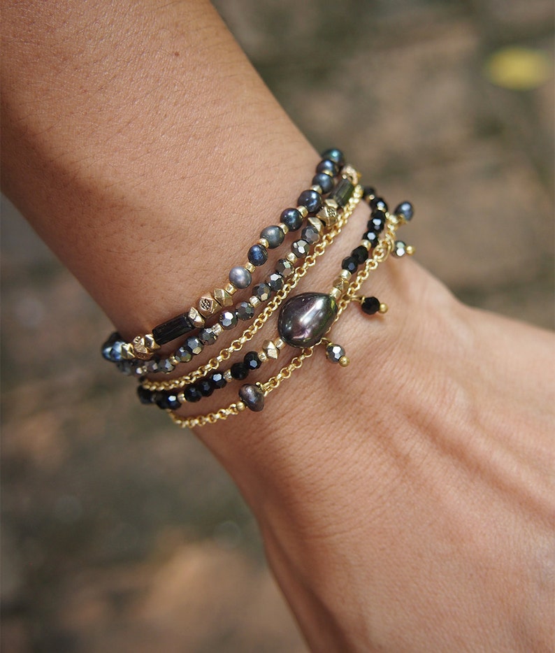 Black Mix Five Strands Bracelet With Chain Beaded Bracelet Etsy