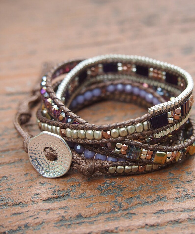 5 times Wrap Bracelet Purple Crystal beaded mix Boho bracelet Beadwork bracelet B55104-PU image 3