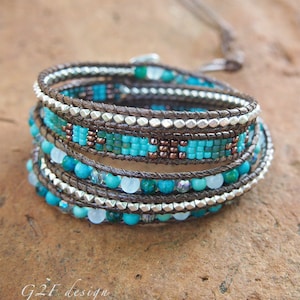 Turquoise mix Wrap bracelet on brown cord, Seed beaded, Boho Wrap Bracelet, Beadwork bracelet image 1