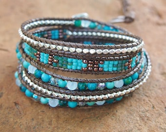 Turquoise mix Wrap bracelet on brown cord, Seed beaded, Boho Wrap Bracelet, Beadwork bracelet