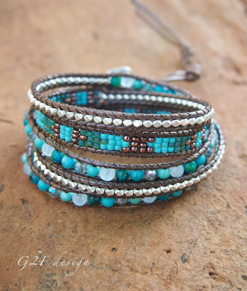 Turquoise mix Wrap bracelet on brown cord, Seed beaded, Boho Wrap Bracelet, Beadwork bracelet image 1